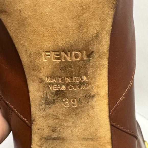FENDI Women’s Cognac Brown Leather New High Heeled Boots Size 39 8.5 Gold Buckle - Picture 11 of 13